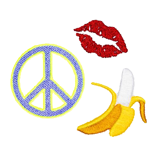 state bags red lips, grey peace sign, and yellow banana patches for backpacks front view click to zoom