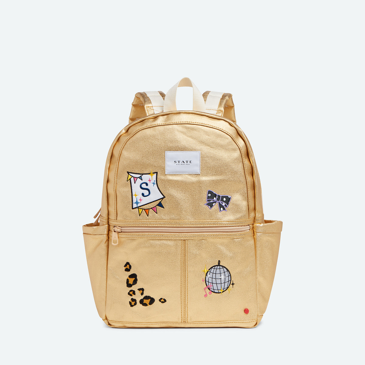 state bags kane kids backpack metallic gold with four patches click to zoom