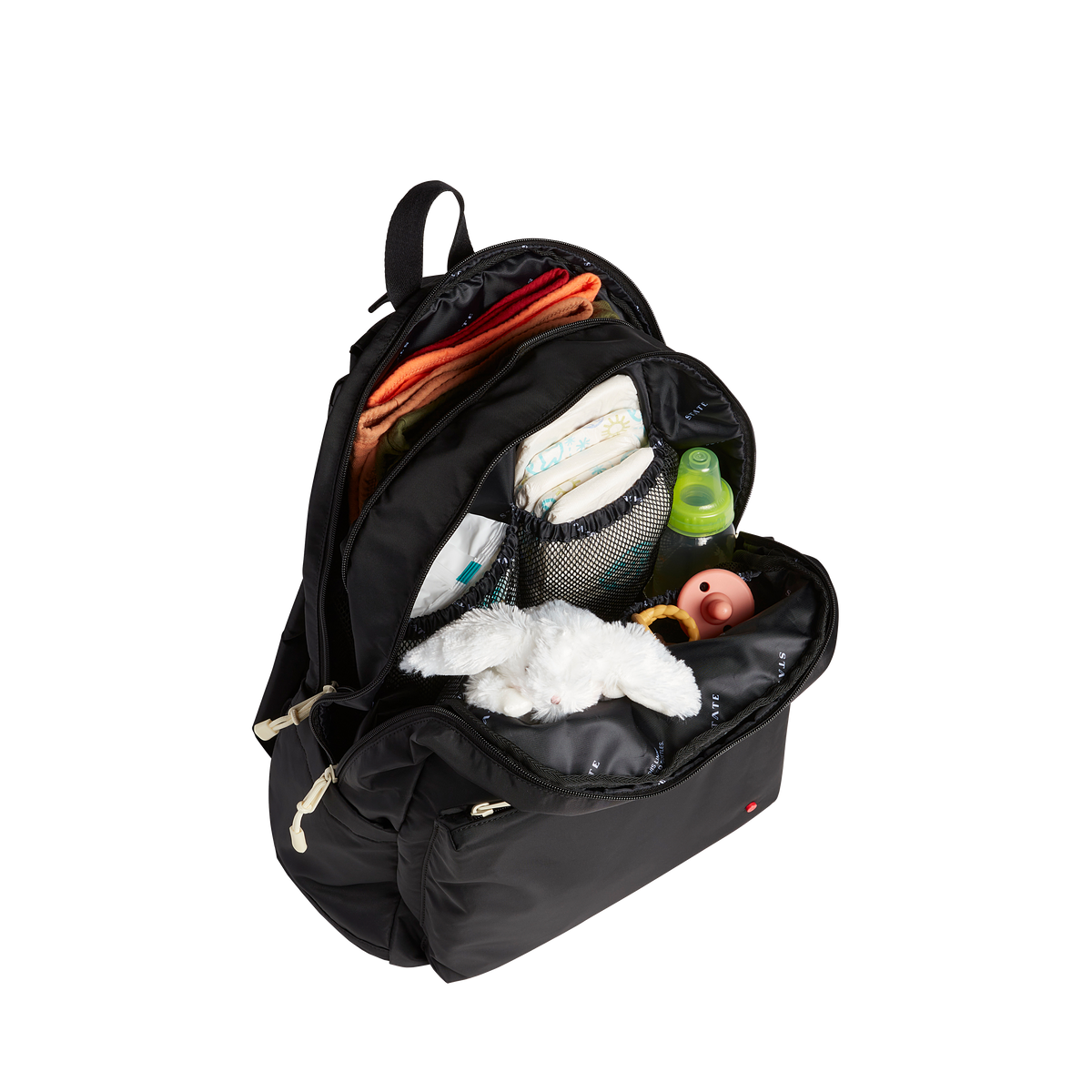 state bags lorimer diaper bag backpack nylon black interior overhead view click to zoom