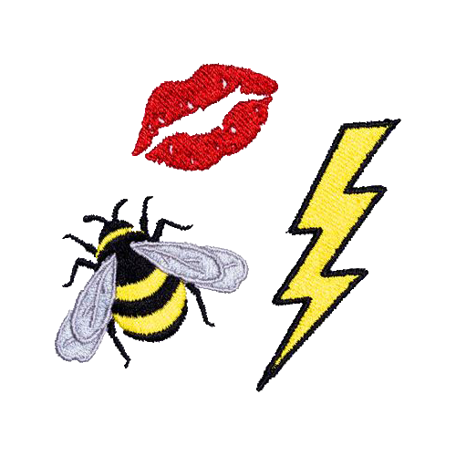 state bags red lips, yellow lightening bolt, bee patch for backpacks front view click to zoom