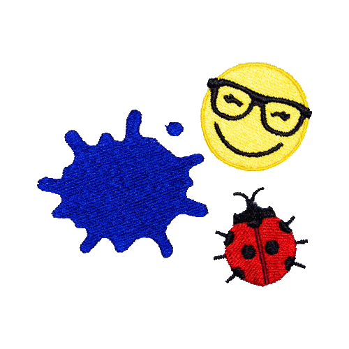 state bags yellow smiley face, red ladybug, and blue paint splatter patch front view click to zoom